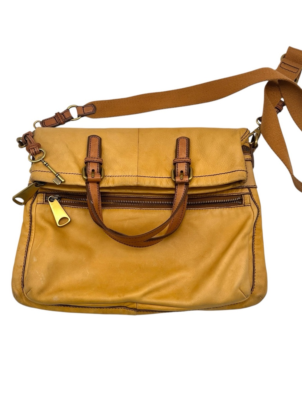 Fossil Leather Crossbody Bag Fold Over Explorer XL Tan Brown